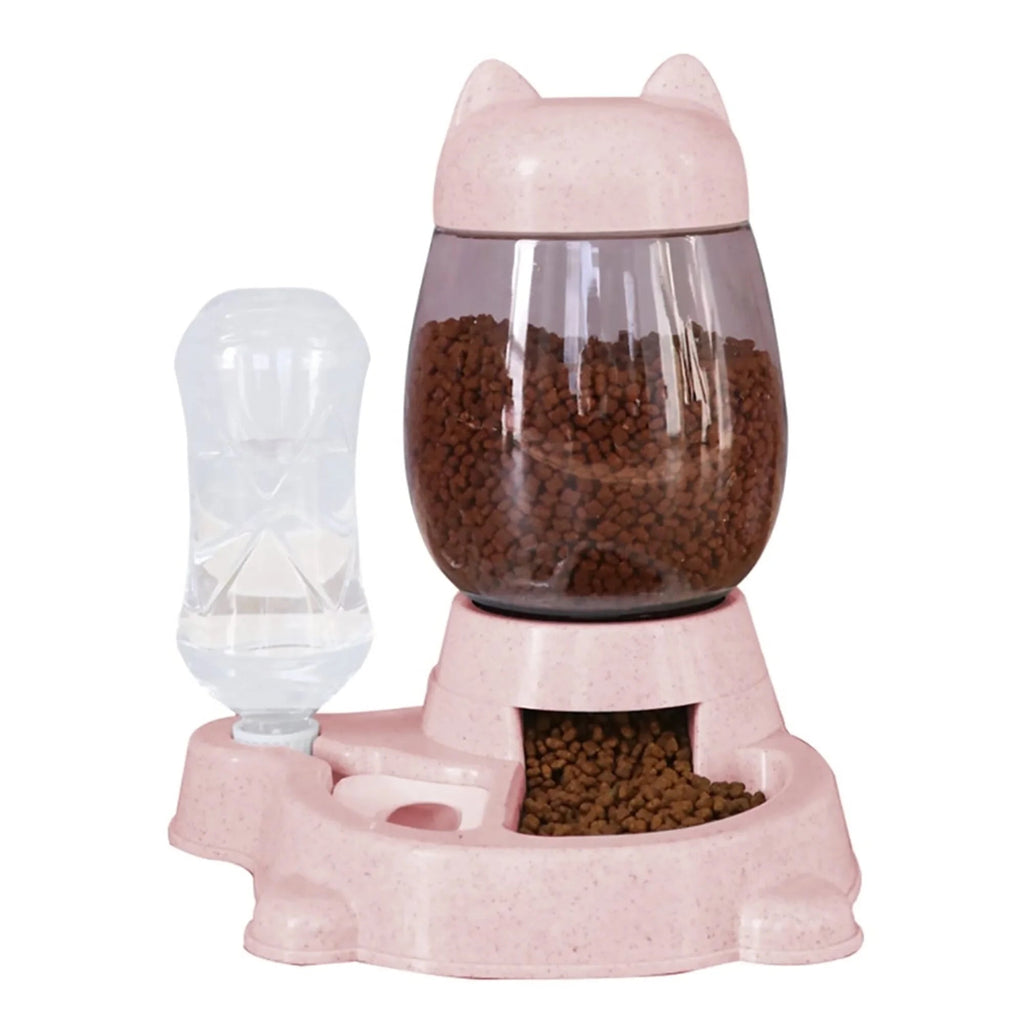 Automatic Dog Cat Feeder and Water Dispenser, Gravity Feeder Waterer, with Pet Food Bowl for Small Medium Puppy Kitten, Pink