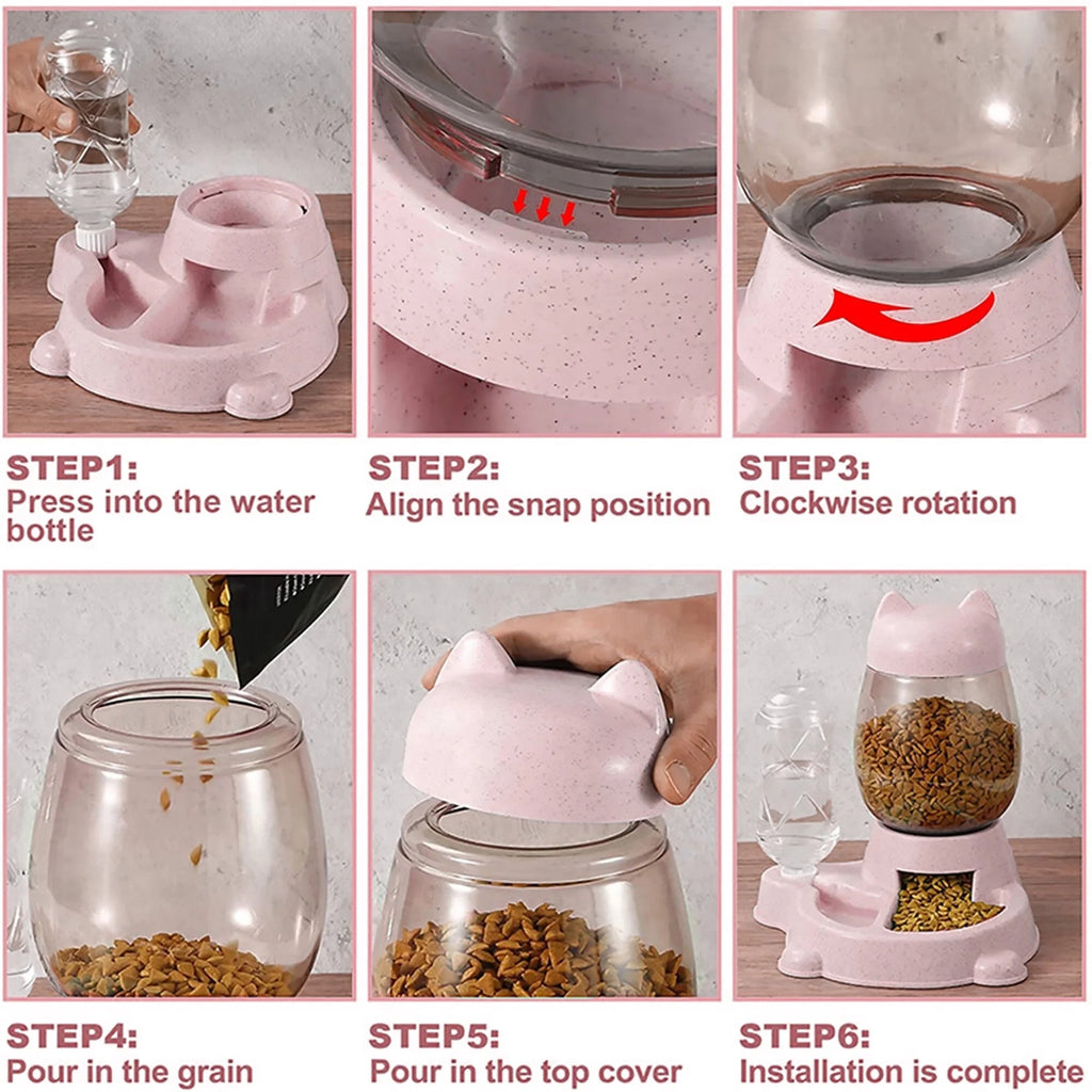 Automatic Dog Cat Feeder and Water Dispenser, Gravity Feeder Waterer, with Pet Food Bowl for Small Medium Puppy Kitten, Pink