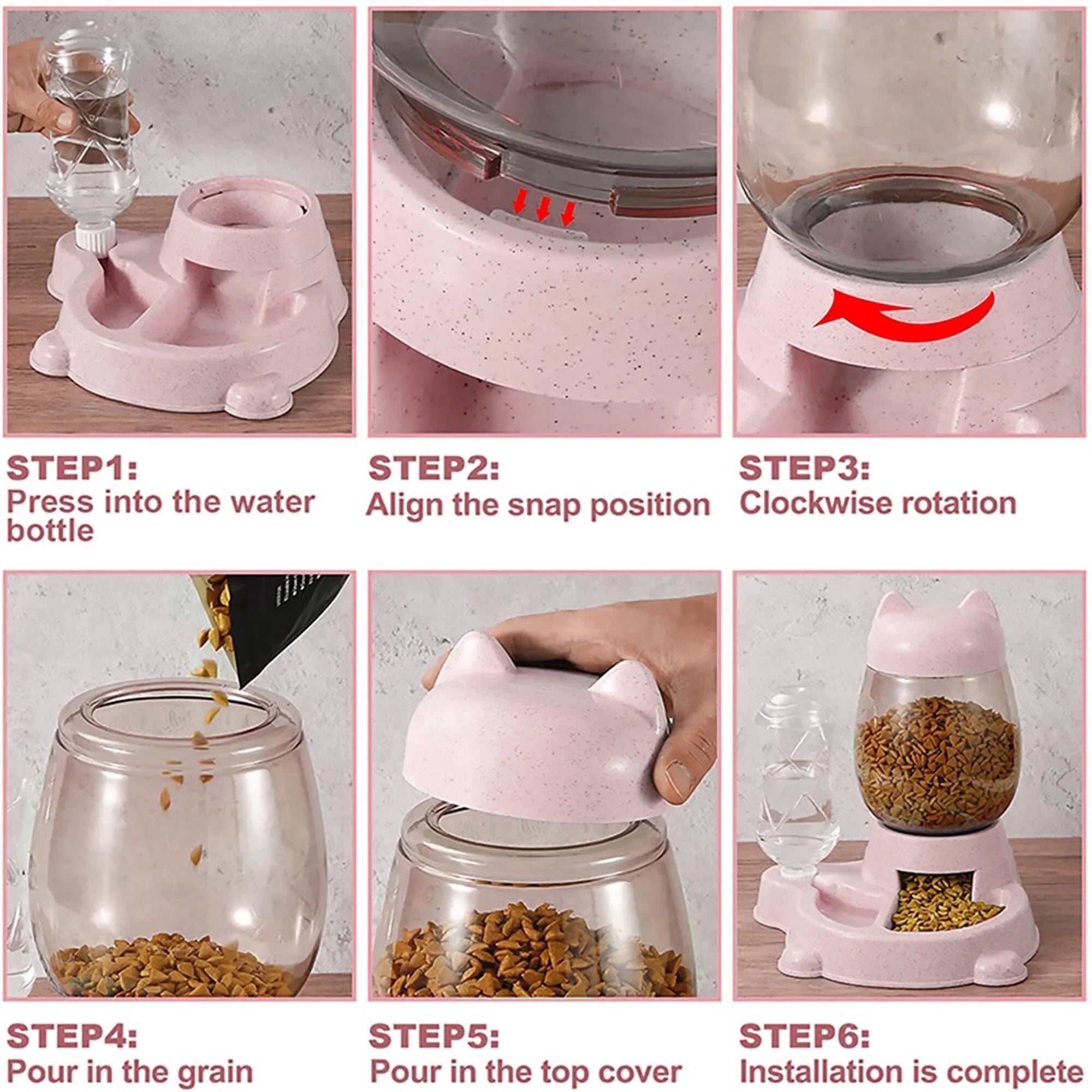 Automatic Dog Cat Feeder and Water Dispenser, Gravity Feeder Waterer, with Pet Food Bowl for Small Medium Puppy Kitten, Pink