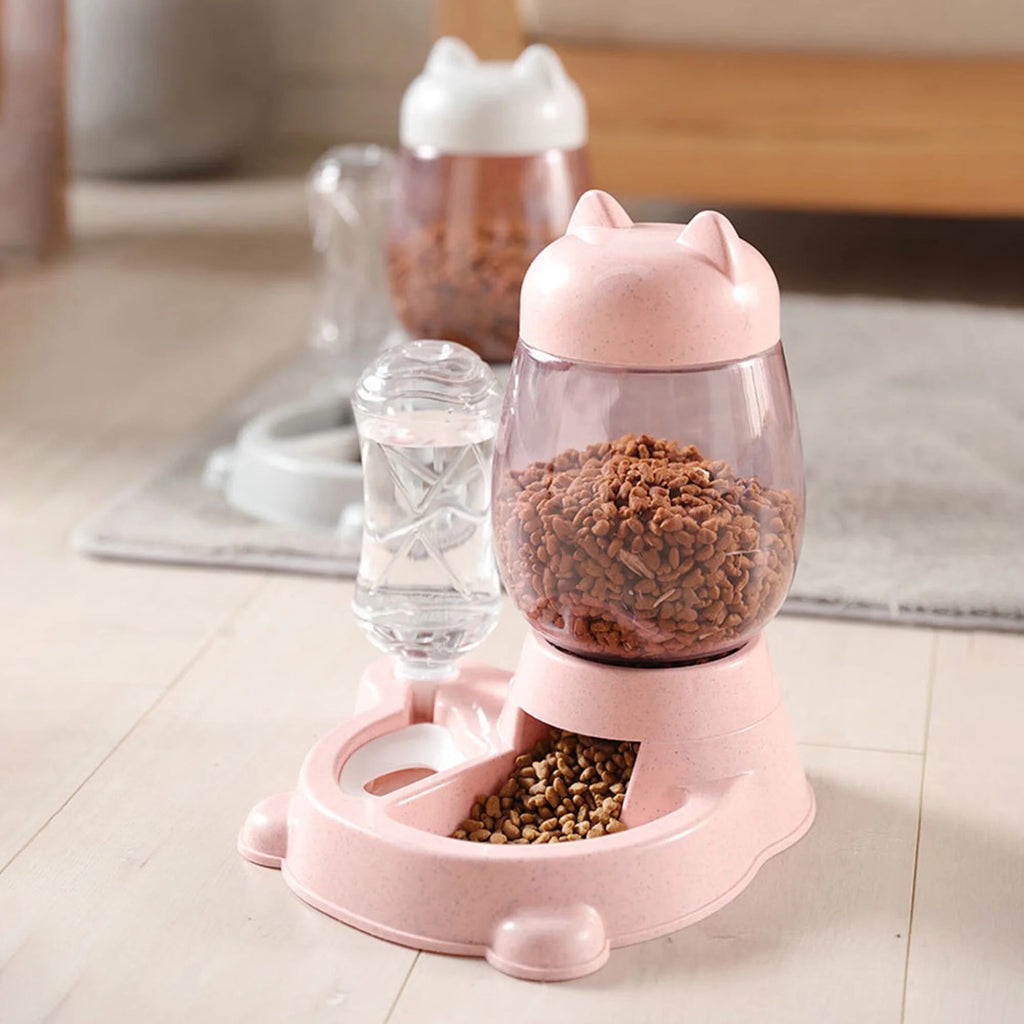Automatic Dog Cat Feeder and Water Dispenser, Gravity Feeder Waterer, with Pet Food Bowl for Small Medium Puppy Kitten, Pink
