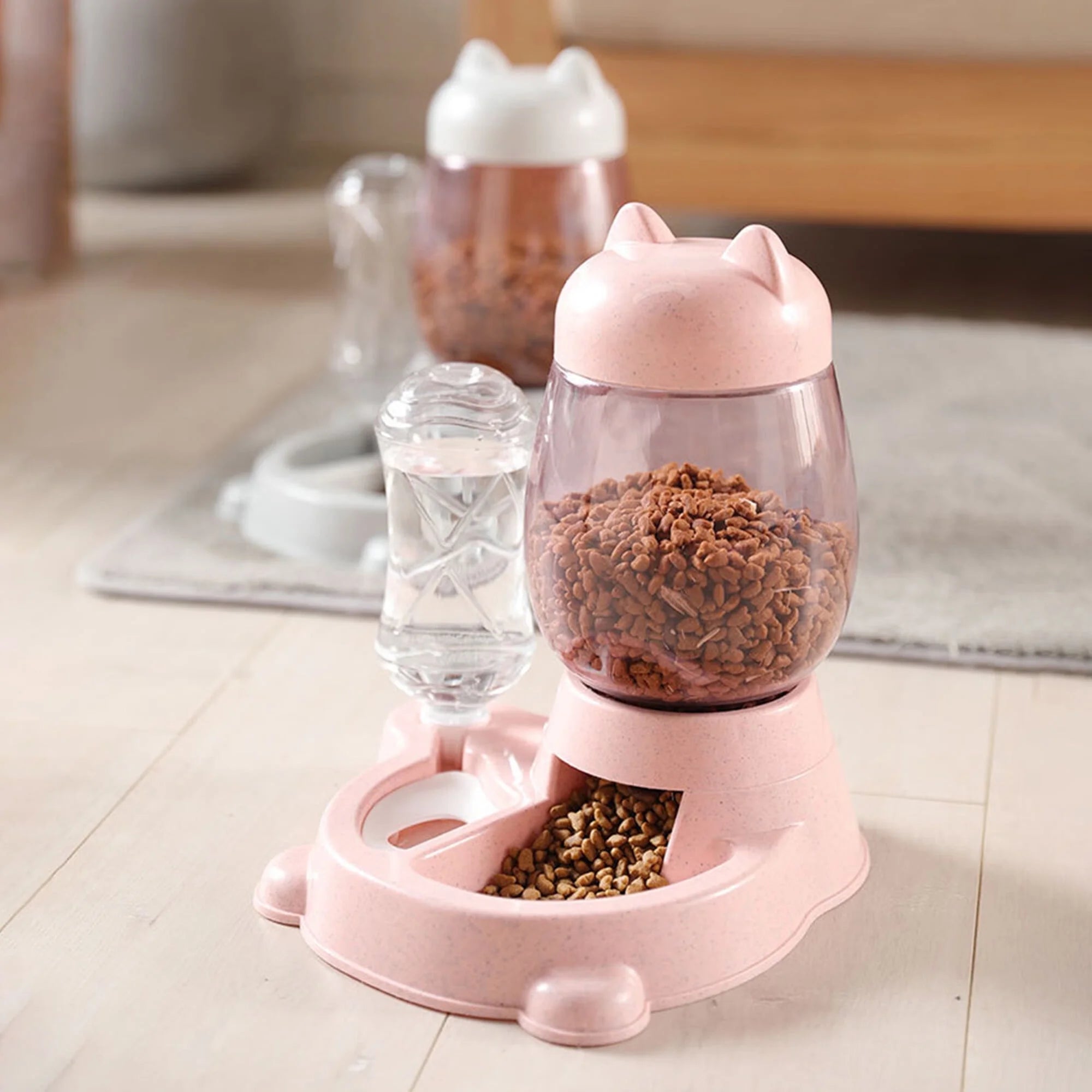 Automatic Dog Cat Feeder and Water Dispenser, Gravity Feeder Waterer, with Pet Food Bowl for Small Medium Puppy Kitten, Pink