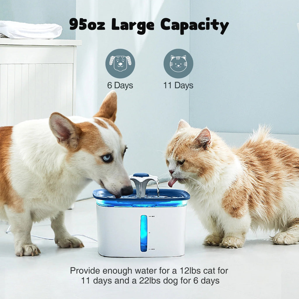 95Oz/2.8L Pet Fountain with Anti-Slip Mat, Cat Dog Water Fountain Dispenser with Smart Pump, White & Blue