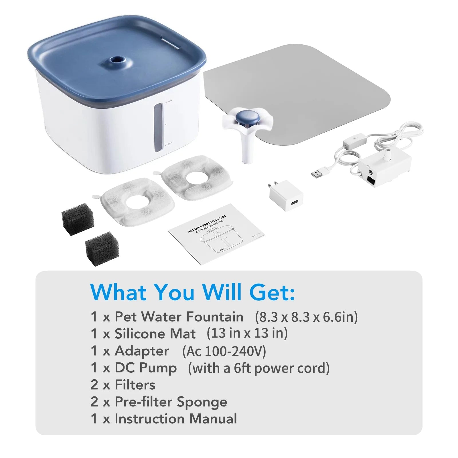 95Oz/2.8L Pet Fountain with Anti-Slip Mat, Cat Dog Water Fountain Dispenser with Smart Pump, White & Blue