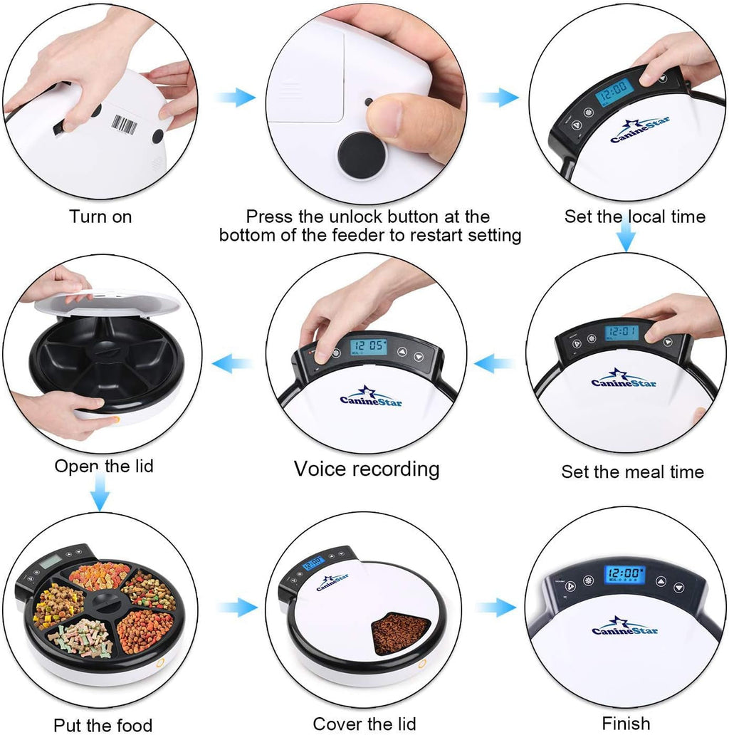 Automatic Pet Feeder for Cats Dogs, 5 Meal Food Dispenser Trays Cat Feeder Dry Wet Food Auto Feeder by Caninestar (Blue)