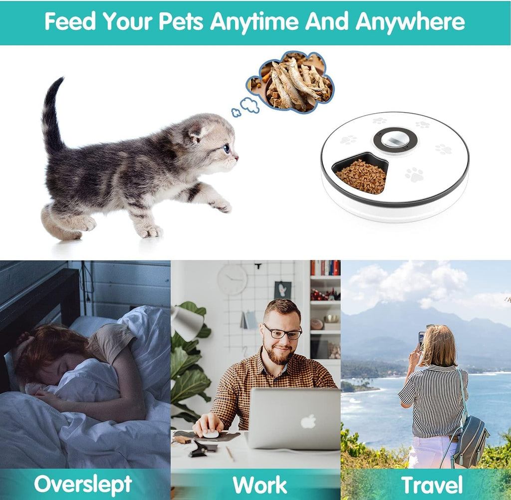 Automatic Cat Food Dispenser, Auto Cat Feeder - 6 Meals Pet Wet Food Dispenser for Small Dog with Programmable Timer Portion Control Timed Cat Feeder with Voice Reminder