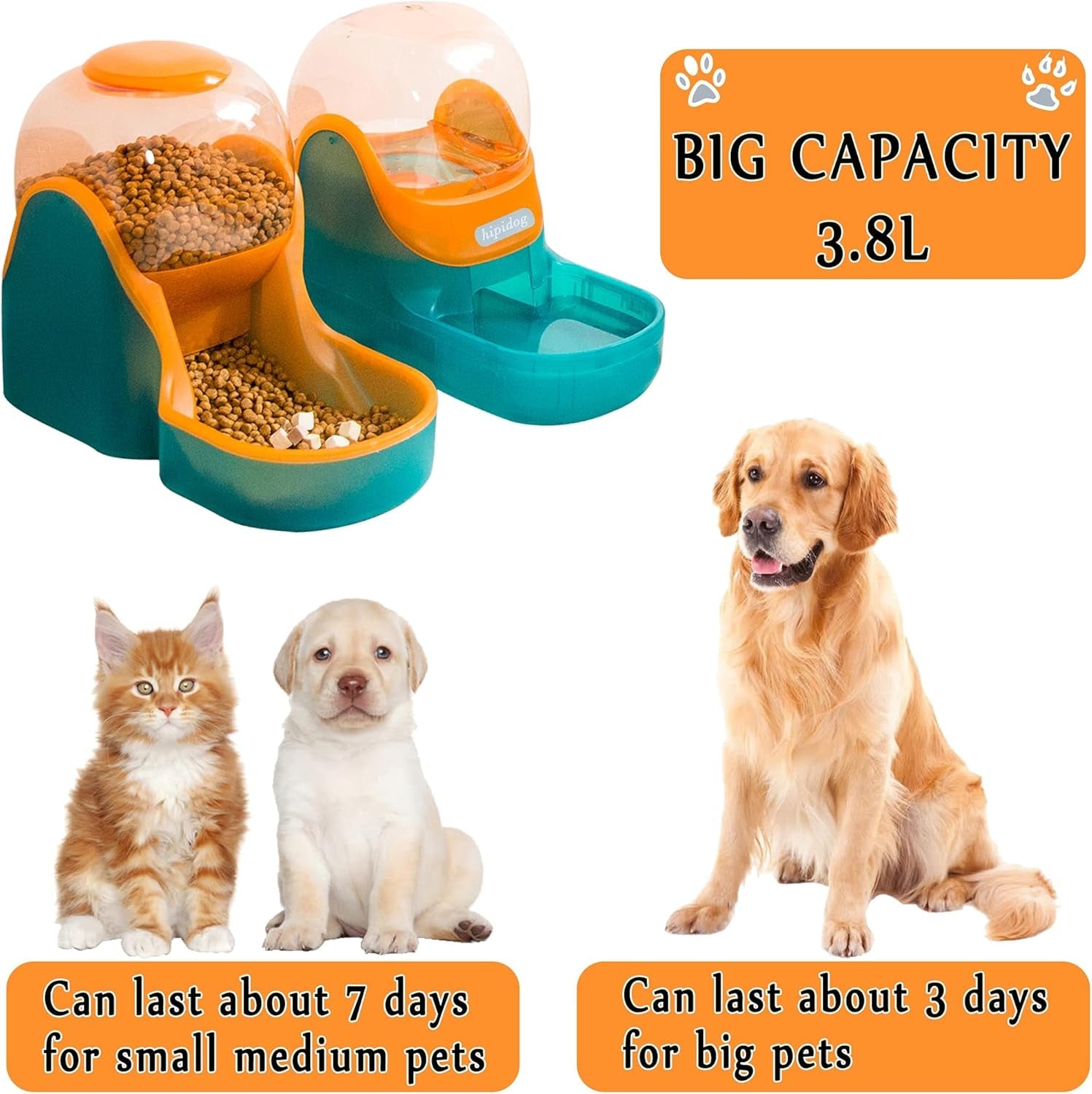 Dogs Cats Automatic Feeder,Small Medium Big Animals Automatic Pet Feeder Set Pet Automatic Water Dispenser and Food Bowl Set,3.8L (Orange and Green)