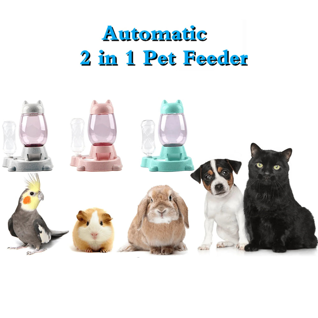 Automatic Dog Cat Feeder and Water Dispenser, Gravity Feeder Waterer, with Pet Food Bowl for Small Medium Puppy Kitten, Pink