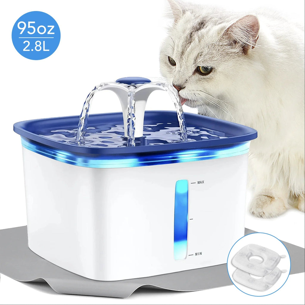95Oz/2.8L Pet Fountain with Anti-Slip Mat, Cat Dog Water Fountain Dispenser with Smart Pump, White & Blue