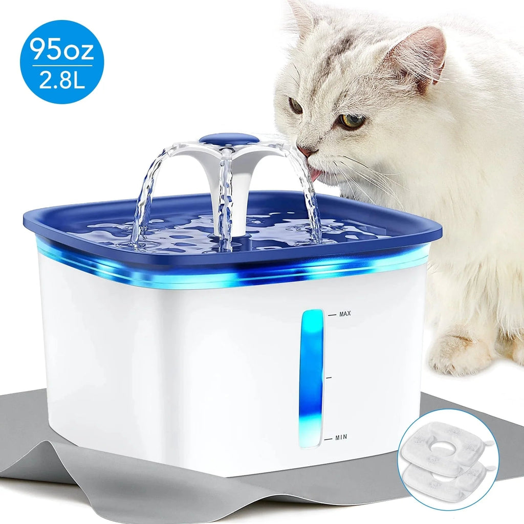 95Oz/2.8L Pet Fountain with Anti-Slip Mat, Cat Dog Water Fountain Dispenser with Smart Pump, White & Blue
