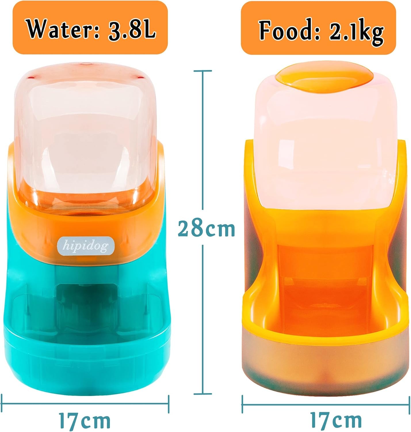 Dogs Cats Automatic Feeder,Small Medium Big Animals Automatic Pet Feeder Set Pet Automatic Water Dispenser and Food Bowl Set,3.8L (Orange and Green)