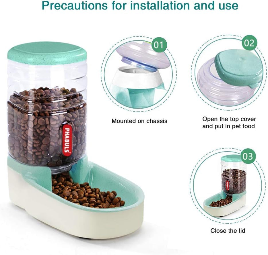 Automatic Cat Feeder Gravity Dog Feeder and 1 Gallon Pet Feeder Dispenser Green Feeder for Small and Medium Sized Pets(Green Food Feeder)